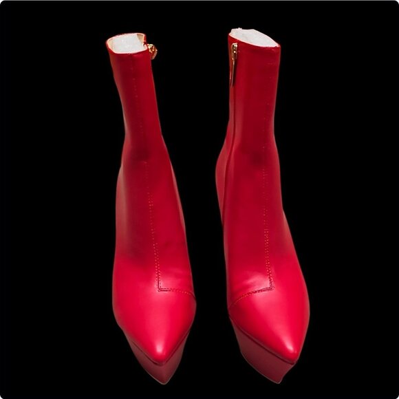 Red Platform Stiletto Heel Ankle Boots With Side Zipper Closure & Pointed Toe De - Picture 6 of 7